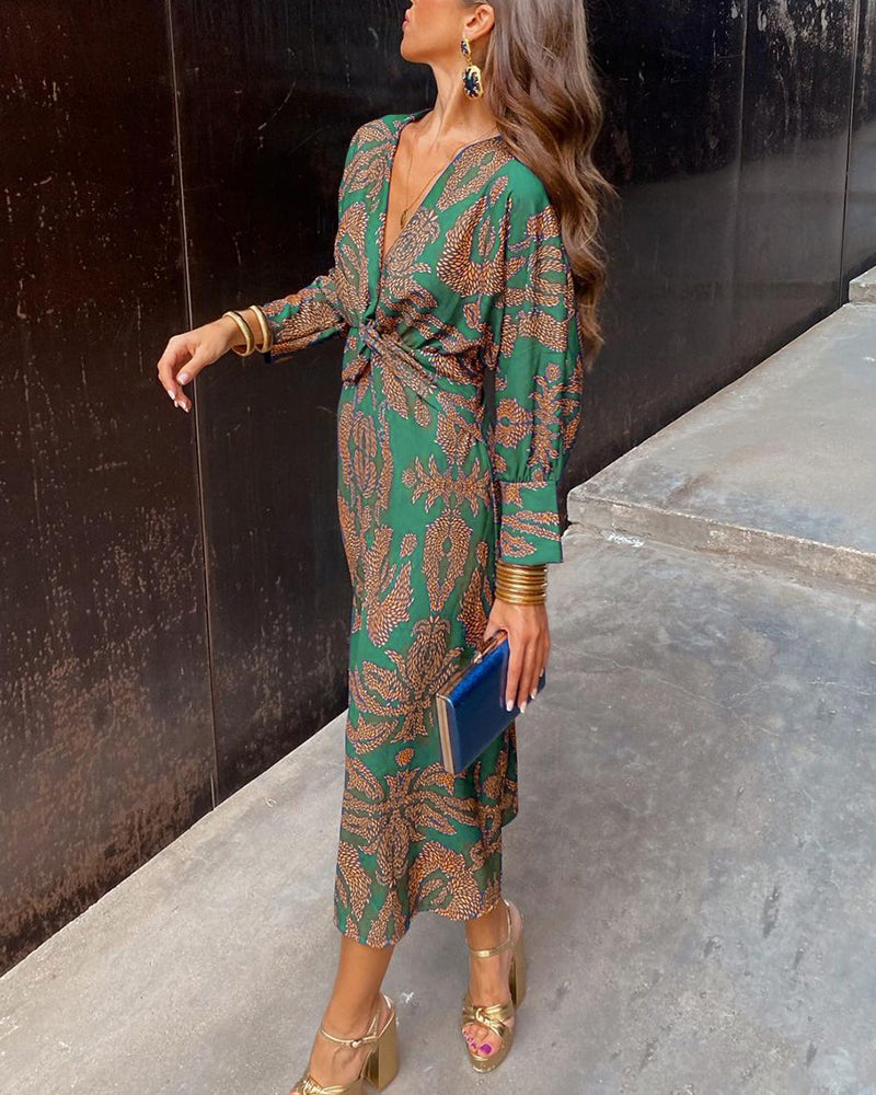 Anita – Abito Elegante con Scollo a V, Maniche Lunghe e Fantasia